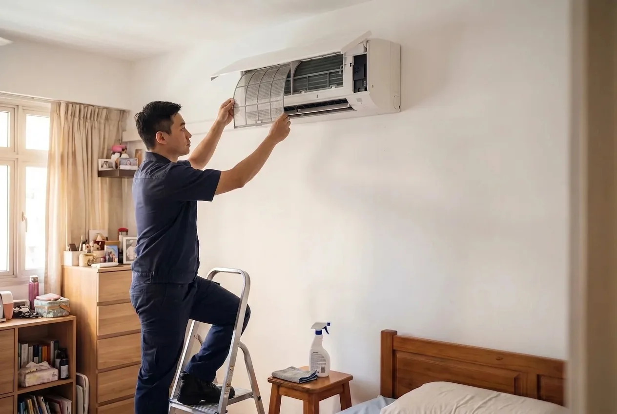 Aircon technician servicing a wall-mounted split unit in a Singapore bedroom