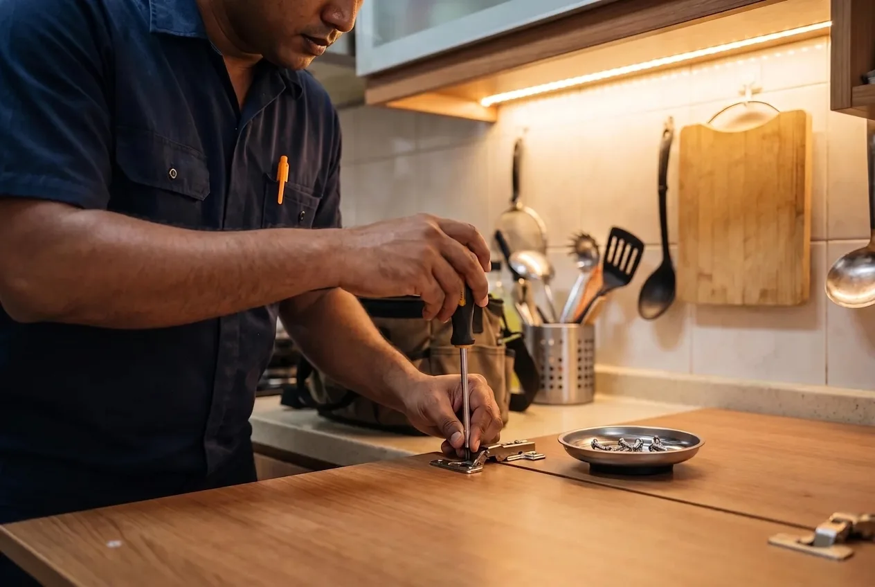 Technician adjusting a kitchen cabinet hinge with a screwdriver in Singapore