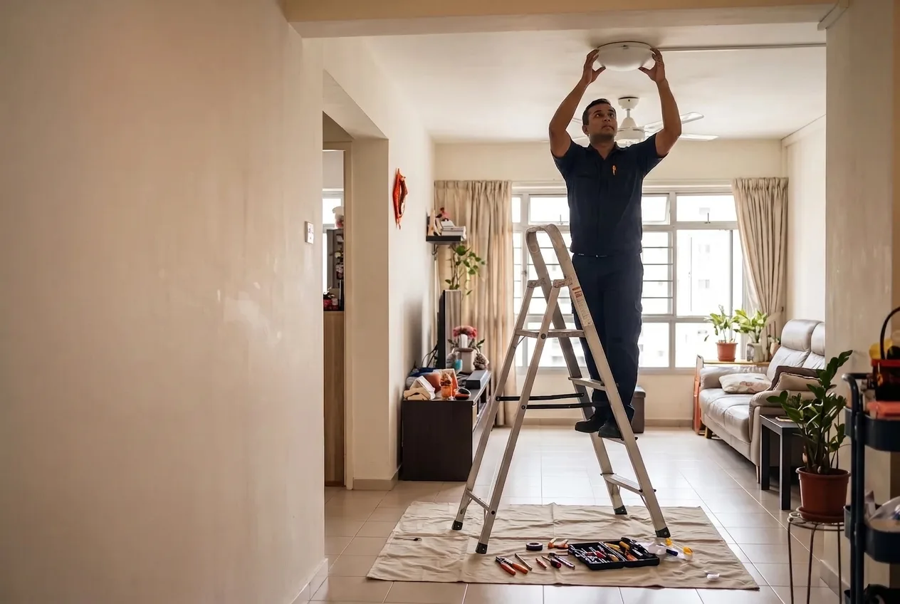 Technician installing a ceiling light in an HDB living room in Singapore