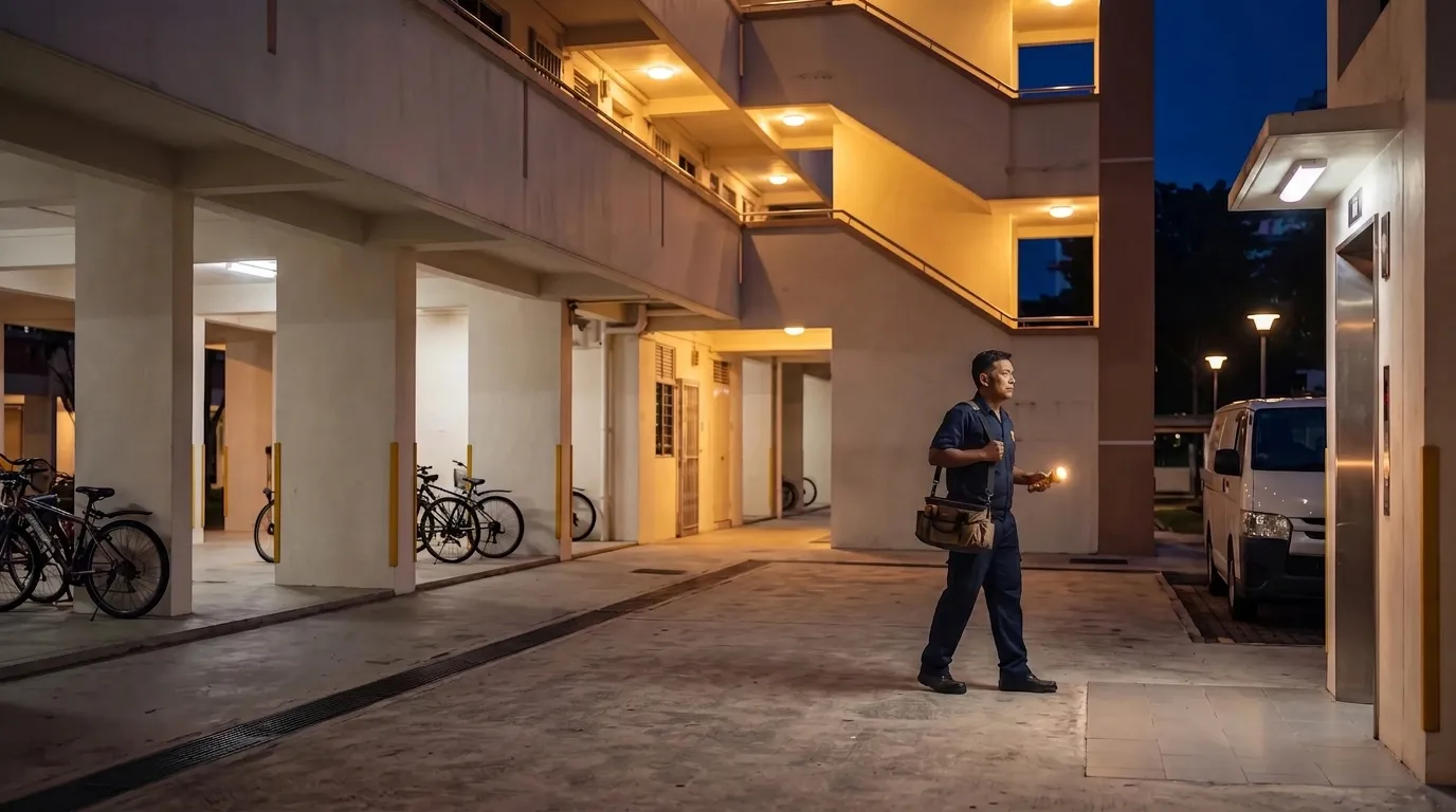 24 hour emergency handyman walking to an HDB block at night with a torchlight