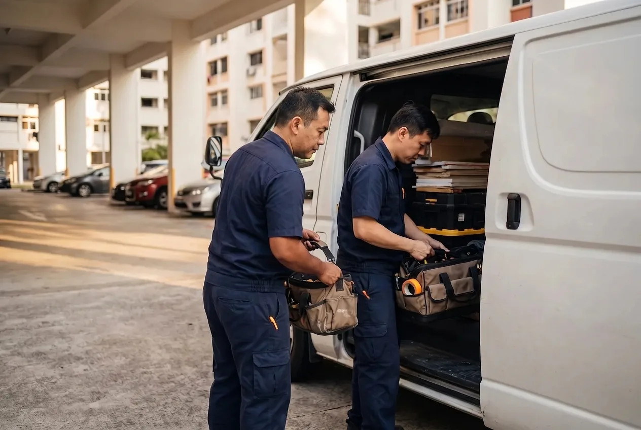 Two handyman technicians loading tool bags into a service van at an HDB carpark