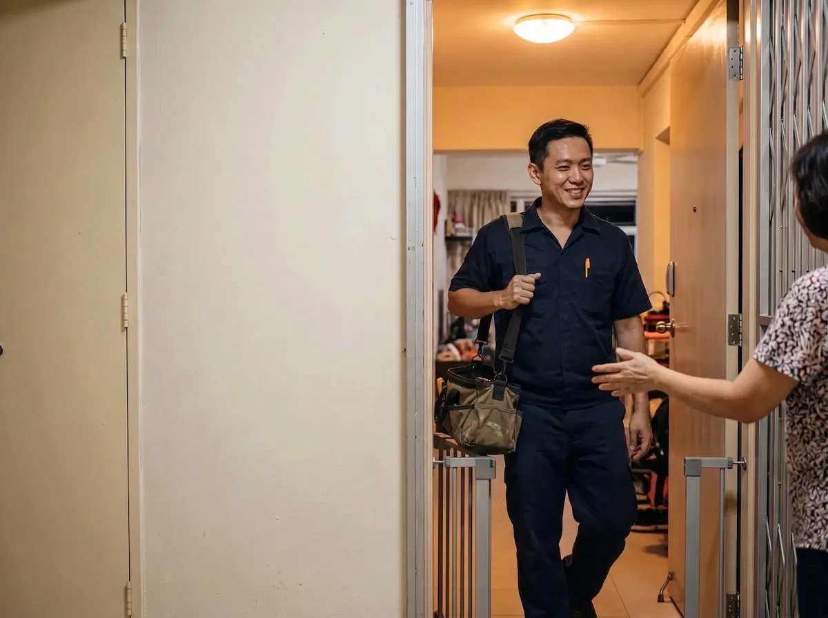 Handyman arriving at an HDB flat in Singapore with his toolbox in the evening