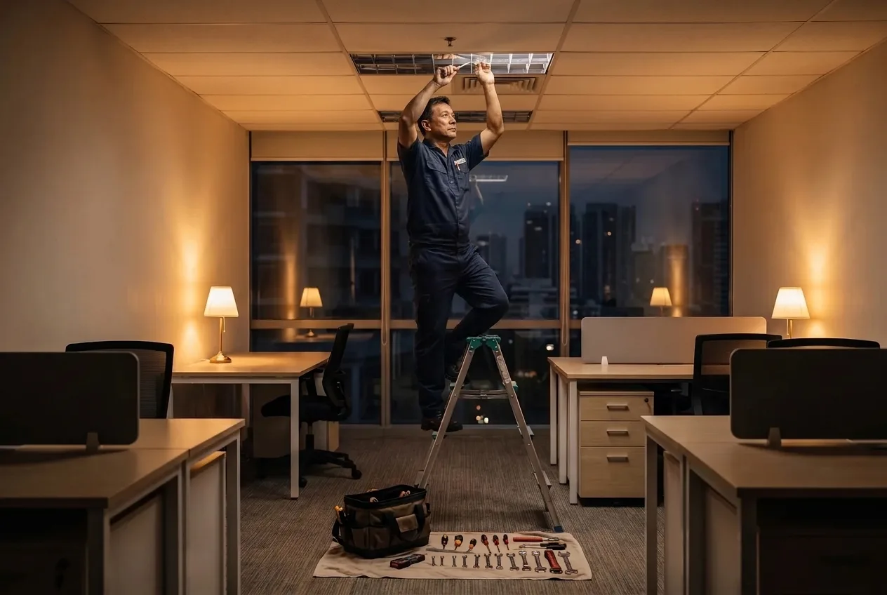 Maintenance technician servicing recessed office lighting in Singapore after hours