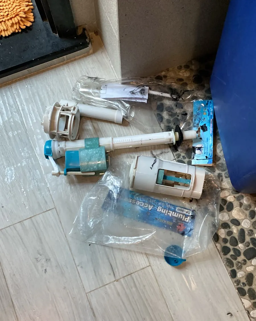 Old flush valve and inlet parts removed from a toilet cistern in Singapore