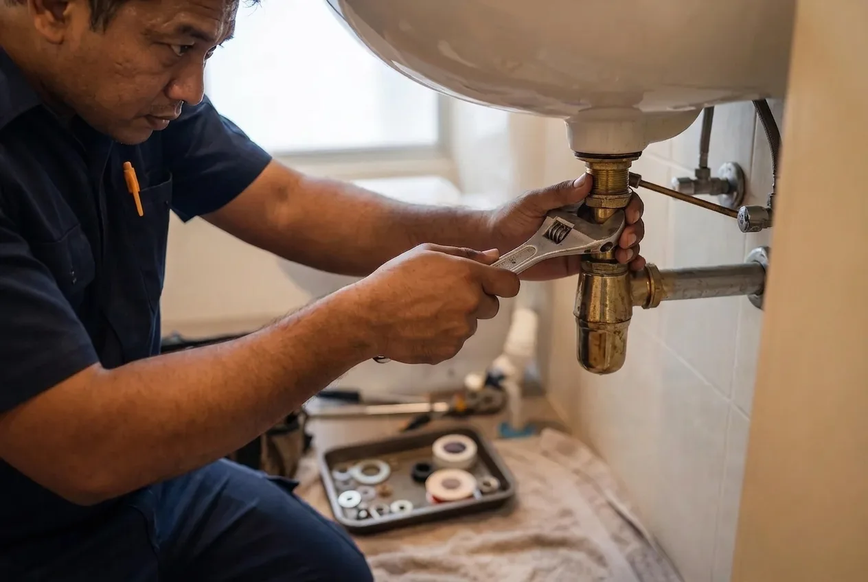 Plumber replacing a basin tap under a bathroom sink in a Singapore condo