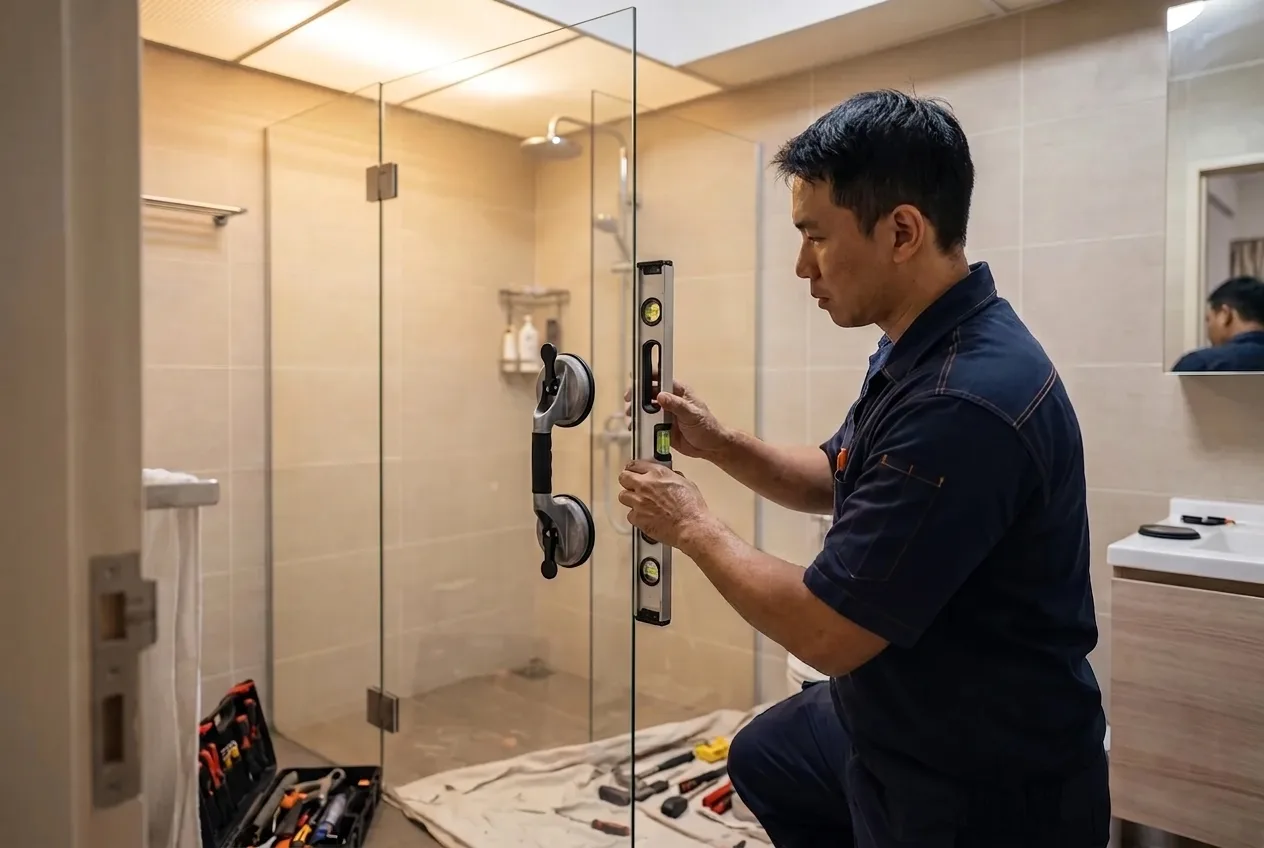 Technician fitting a frameless shower screen in a modern HDB bathroom
