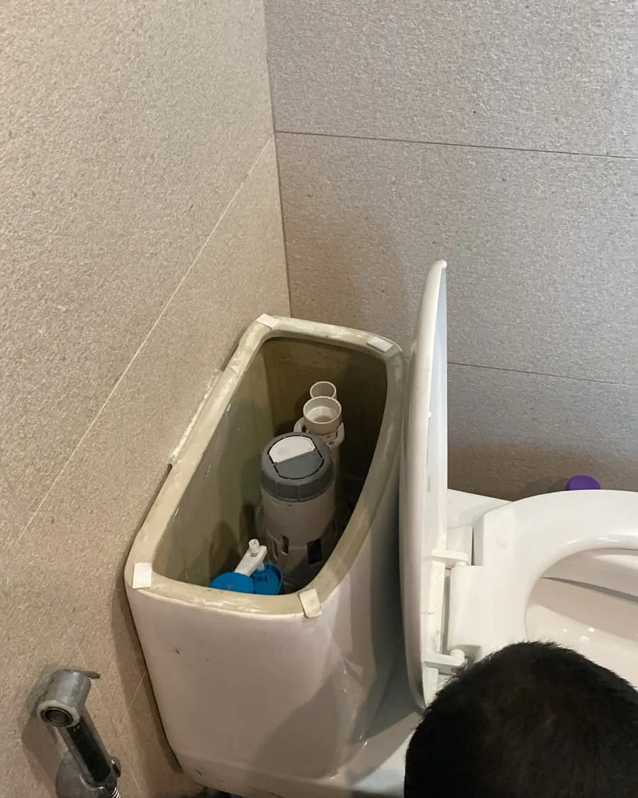 Open toilet cistern showing a new flush valve and inlet during a repair in Singapore