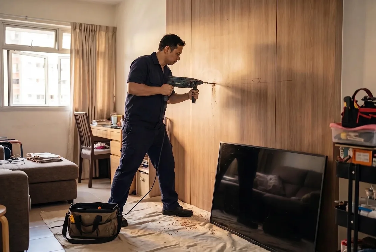 Handyman drilling a wall mount for a TV bracket in a Singapore living room