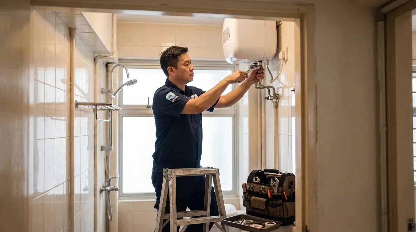 Technician installing a storage water heater in an HDB bathroom in Singapore